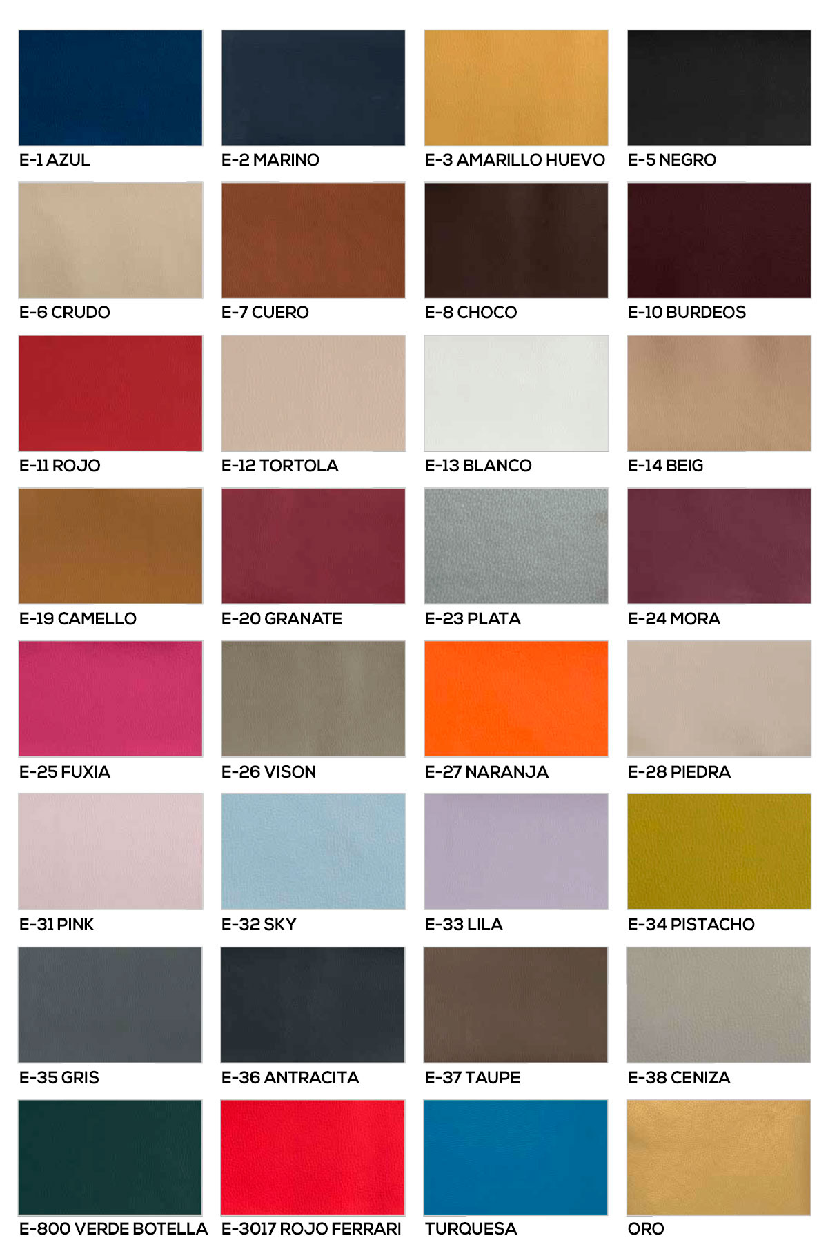 Colores disponibles para la base tapizada Segovia